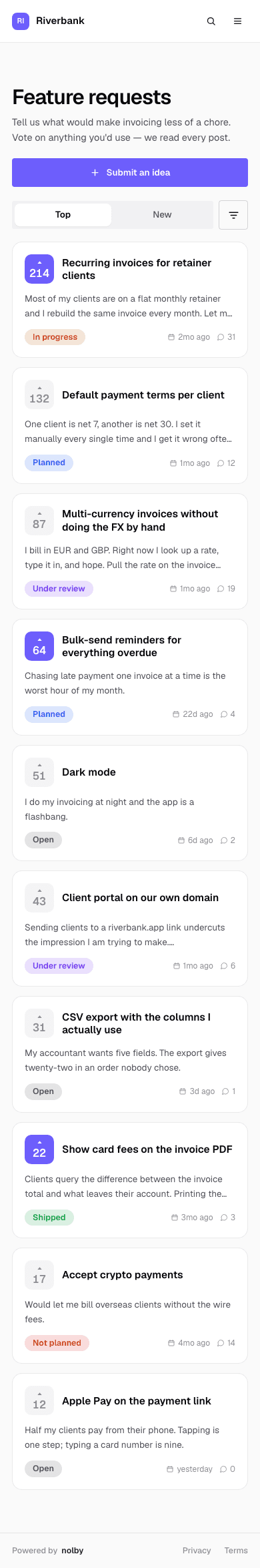 A nolby feedback board: posts with vote counts, authors, comment counts and customer-named statuses
