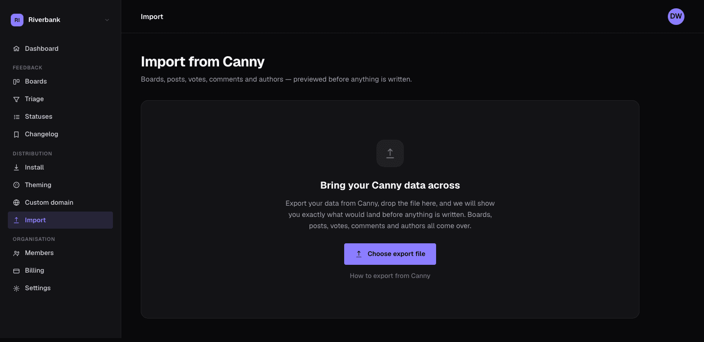 The Canny import screen in nolby, previewing the boards, posts and votes that will be created