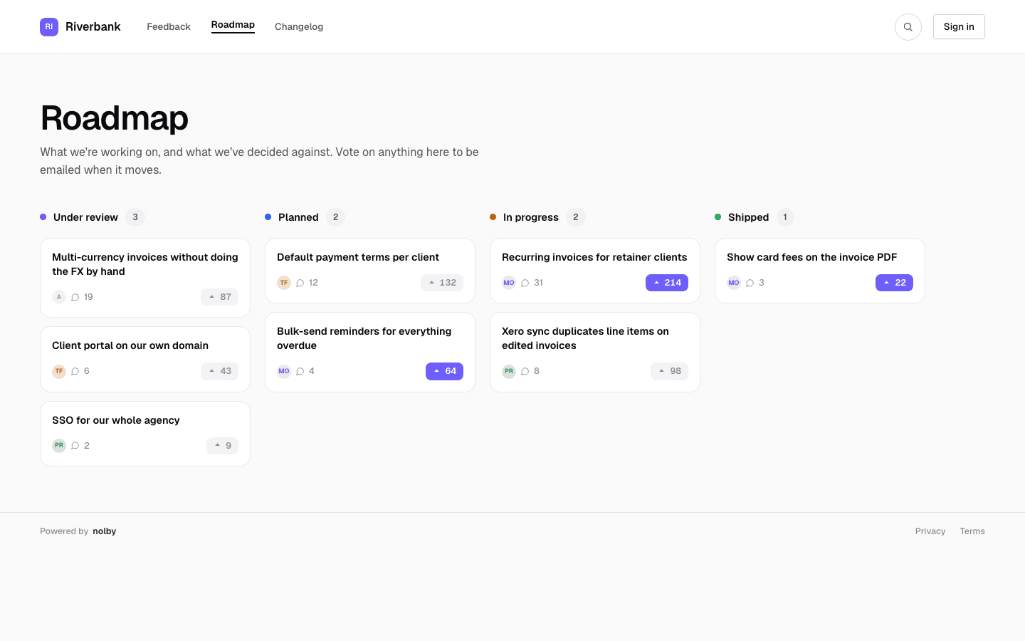 A public nolby roadmap with six customer-named columns